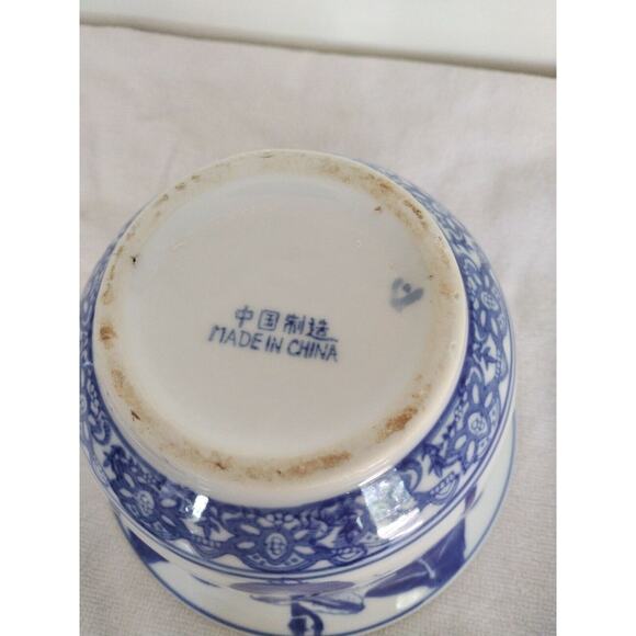 Vintage Asian Flower Pot 6" Blue and White  Hand Painted Eggplant Melons China - Picture 7 of 10